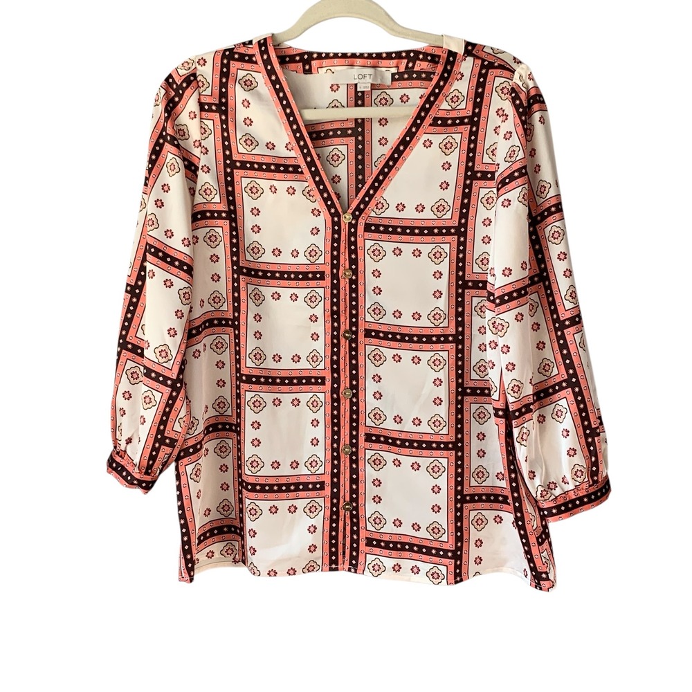 LOFT Blouse Top Floral Print 3/4 Sleeve V-Neck Career Casual Size S